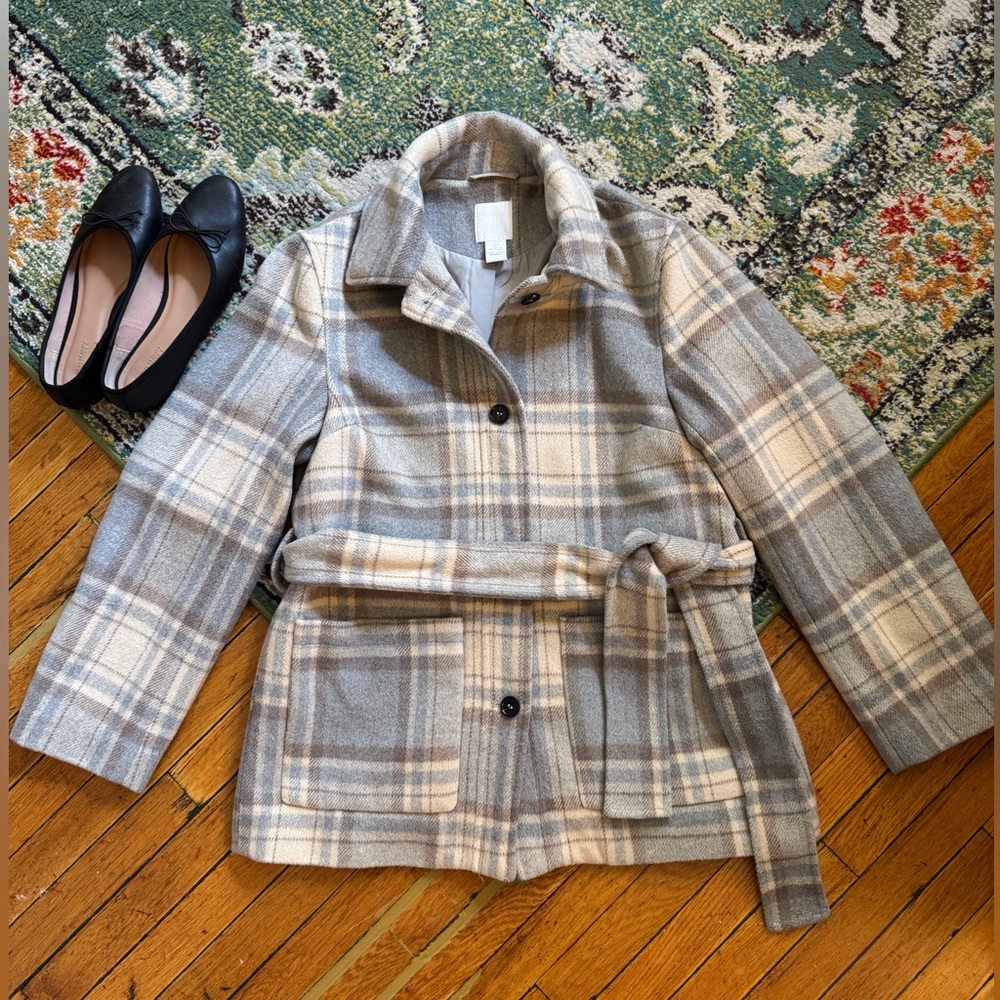 Plaid Trench Coat with Tie - Gray and Tan